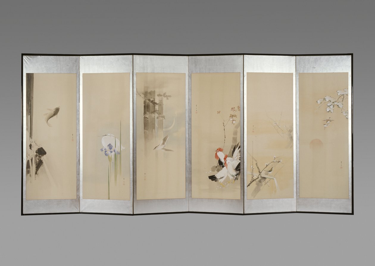 Et par sammenleggbare skjermer: Flowers of the Twelve Months, ca. 1900 (blekk og farge på papir) av Watanabe Seitei