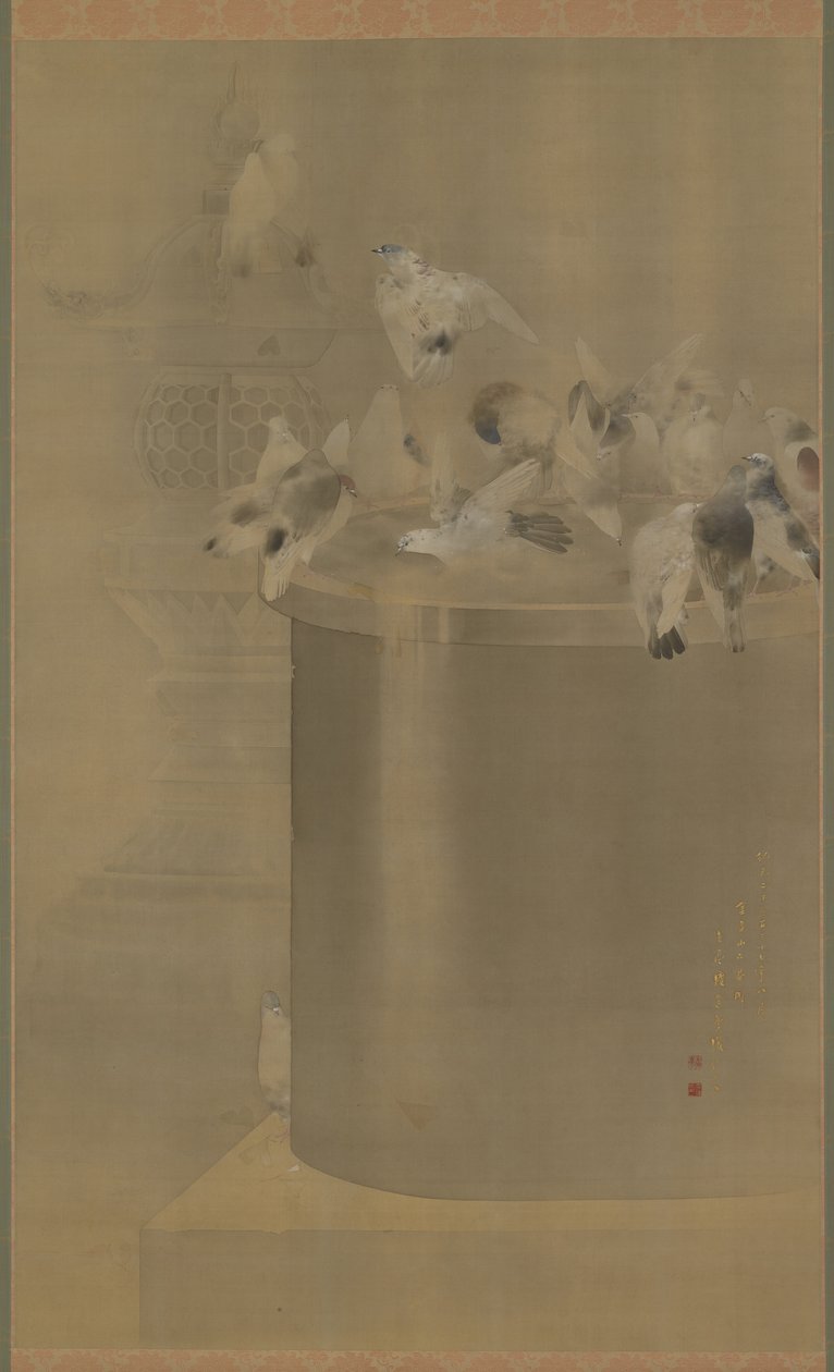 Duer ved Senjoji (Asakusa Kannon Temple) Meiji Era, 1877 (blekk og farge på silke) av Watanabe Seitei