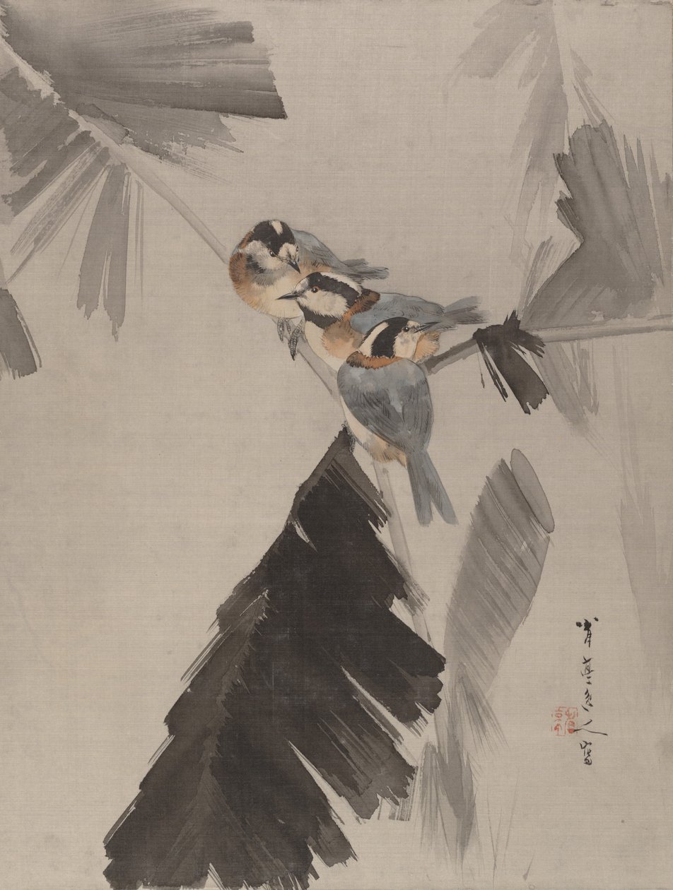 Three Birds on Branch, ca. 1887. av Watanabe Seitei
