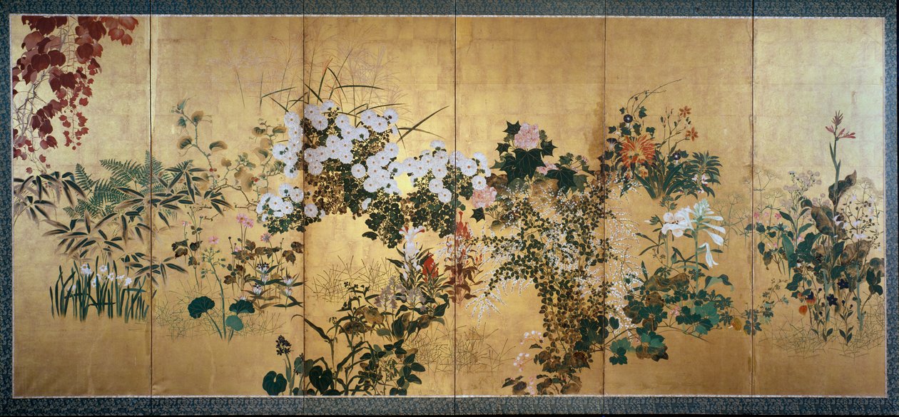 Skjerm med høst- og vinterblomster, tidlig 1700-tall av Watanabe Shiko