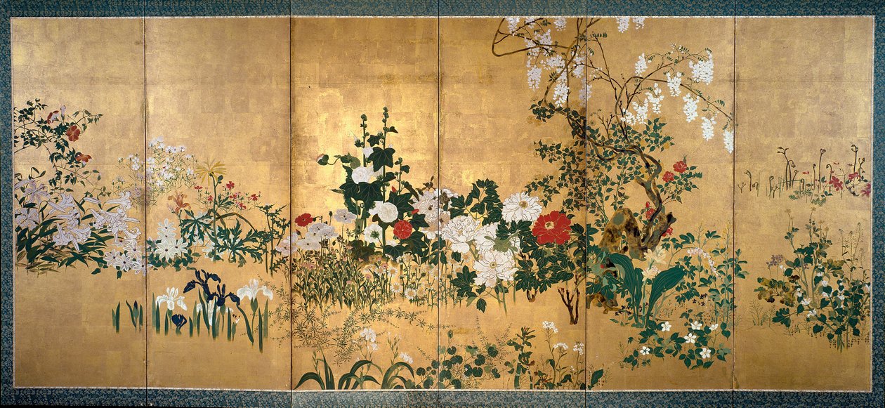 Skjerm med vår- og sommerblomster, tidlig 1700-tall av Watanabe Shiko