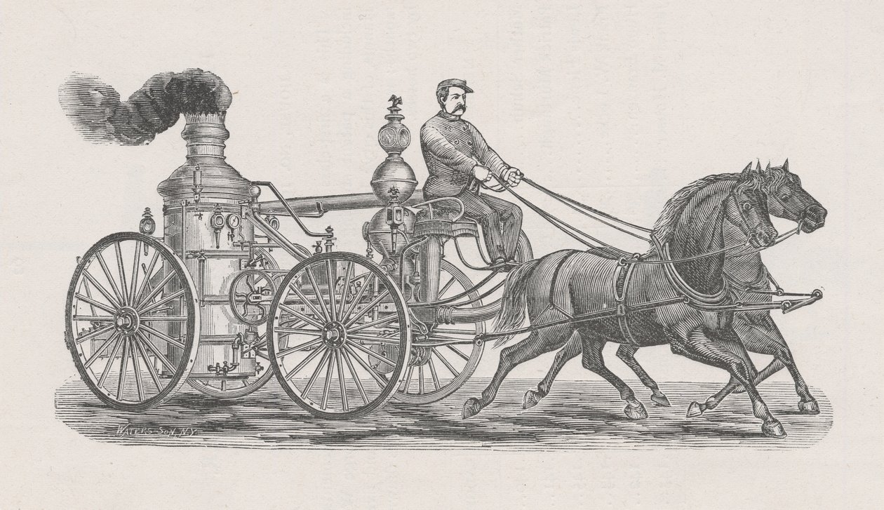 Illustrasjon av dampbåten R.A. Williams nr. 17 brannbil, fra Rapport fra politistyret, i brannvesenet, til Common Council of City of Chicago, s. 60., 1872 (tregravering) av Waters and Son Waters and Son