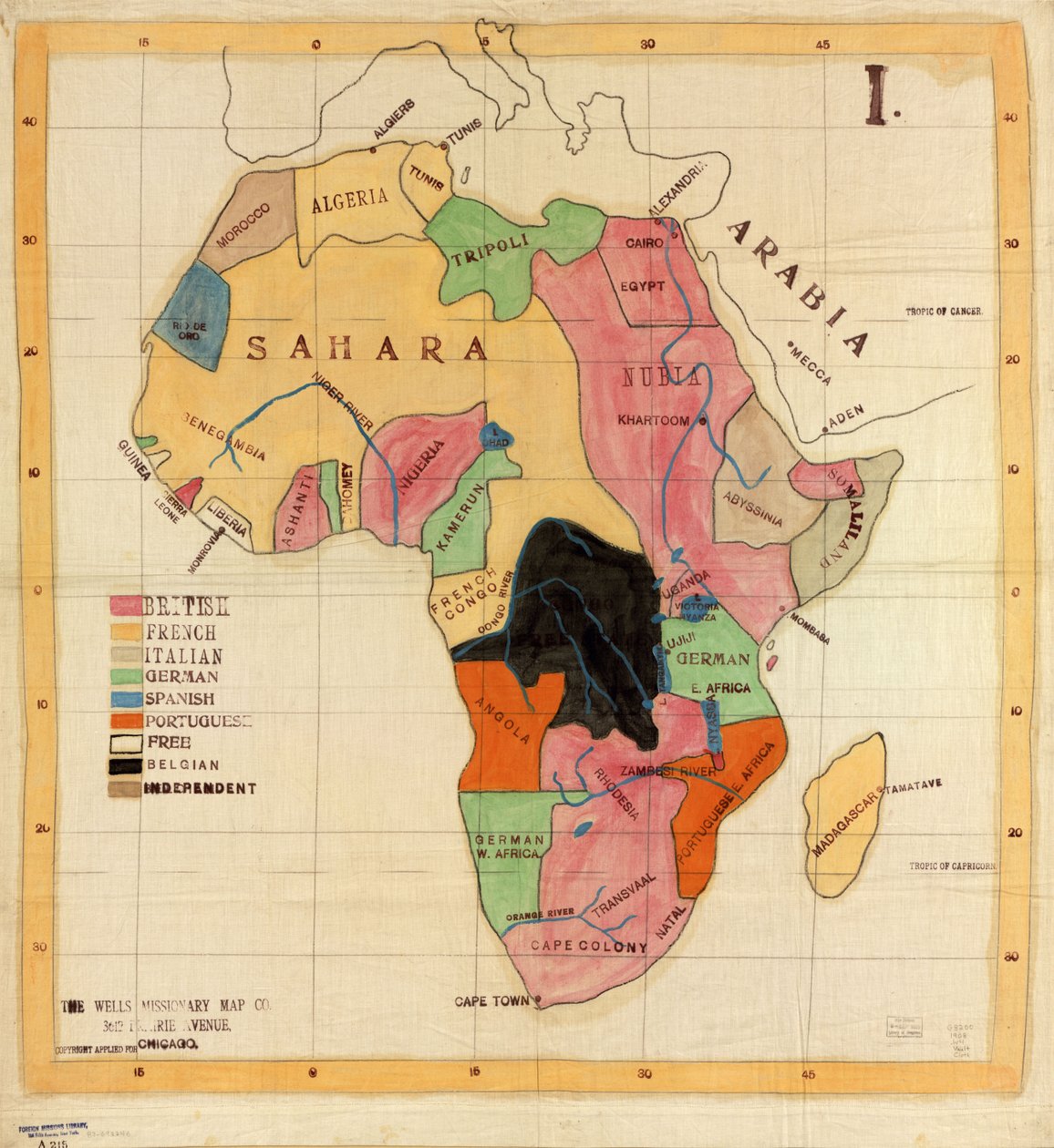 The Wells Missionary Map Co., 3612 Prairie Avenue, Chicago, søkt om opphavsrett. Klut kart. Penn-og-blekk, blyant, fargestift og akvarell; stedsnavn, navn i legende og koordinater mekanisk tegnet med svart blekk. I. Også tilgjengelig via biblioteket av Wells Missionary Map Co.