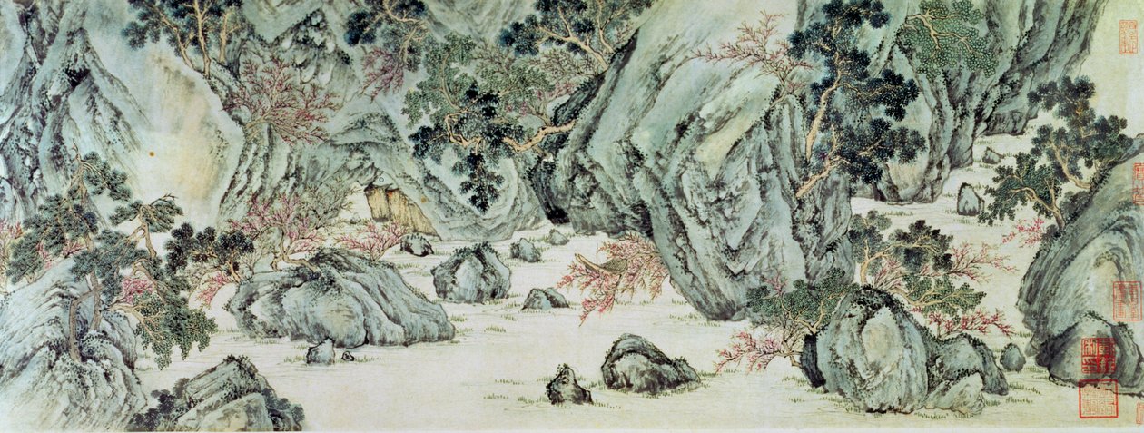 The Journey to the "Land of the Immortals" detalj av "The Peach Blossom Spring" fra et dikt med tittelen "Tao Yuan Bi Jing" av Wang Wei av Wen Zhengming