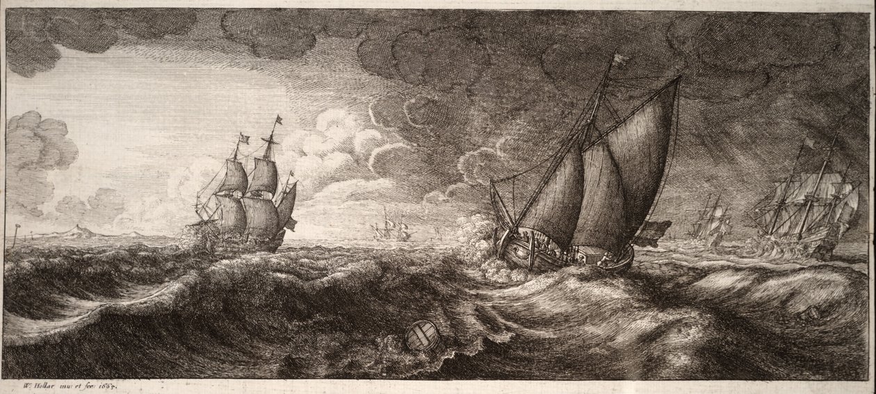 En yacht og tre krigsskip i en storm. Stat 1 av Wenceslaus Hollar