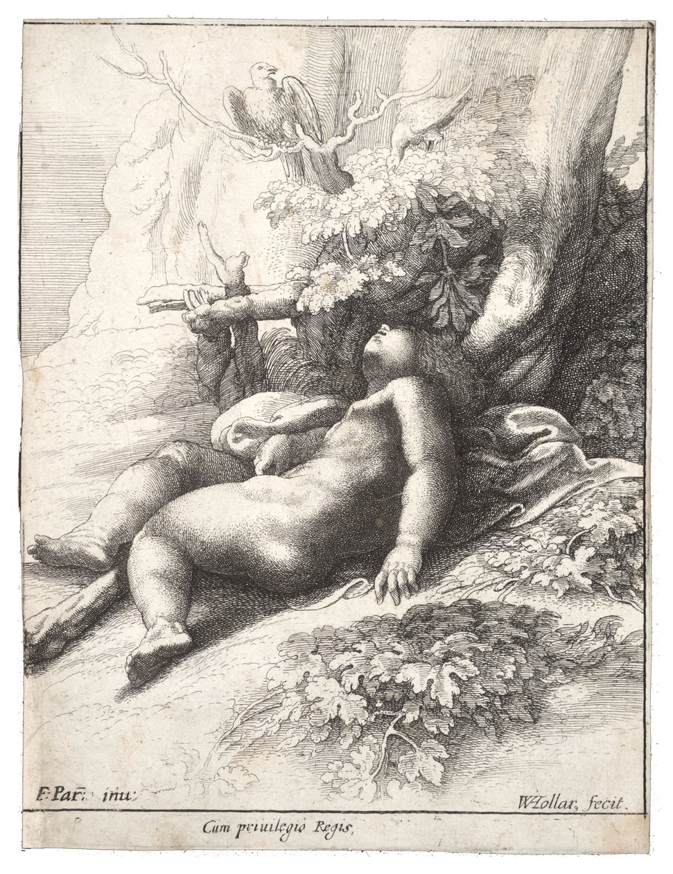 Spedbarn Hercules sov, etter Parmigiano. Stat 4 av Wenceslaus Hollar