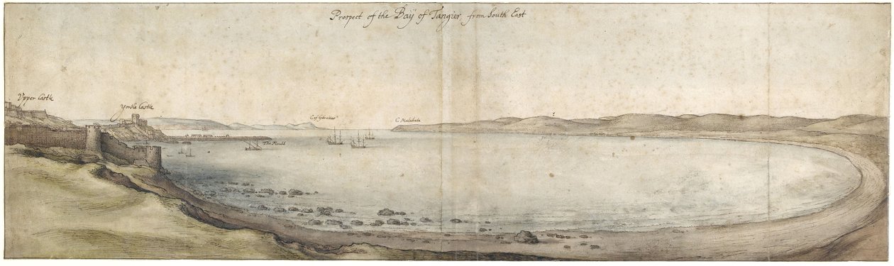 Prospekt av Tangierbukta fra sørøst (Penn og brunt blekk og akvarell over grafitt) av Wenceslaus Hollar