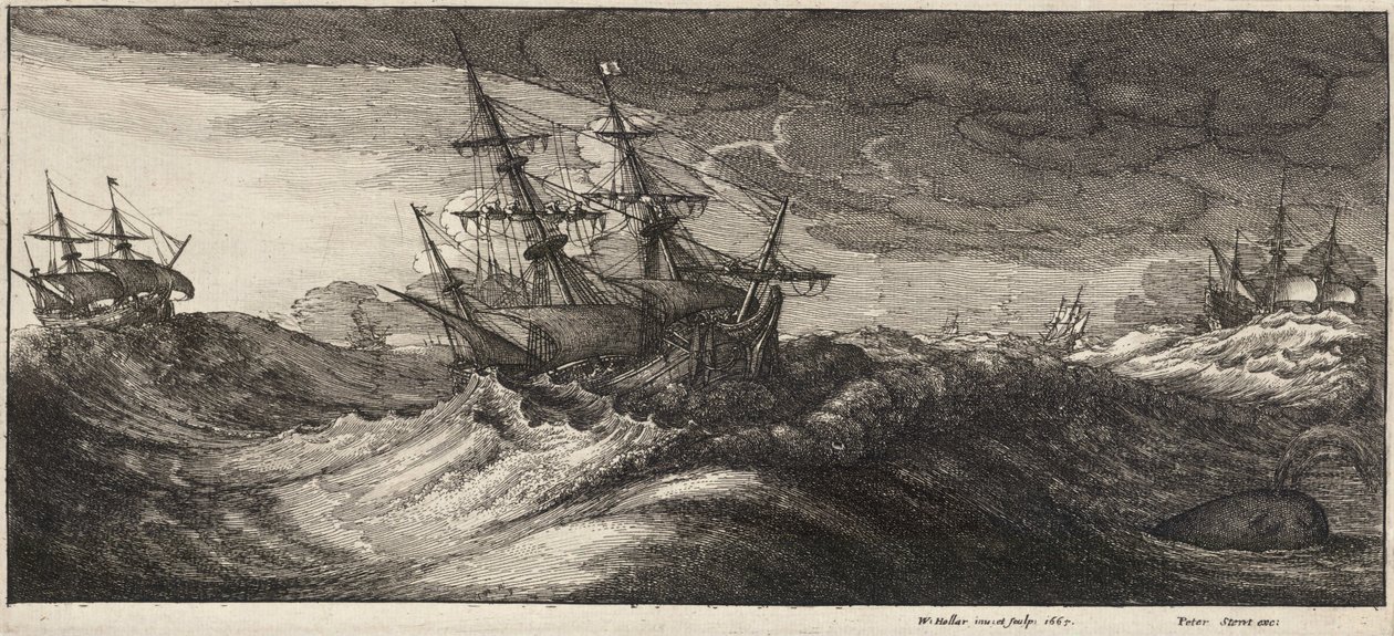 Krigsskip og en sprutende hval. Stat 2 av Wenceslaus Hollar