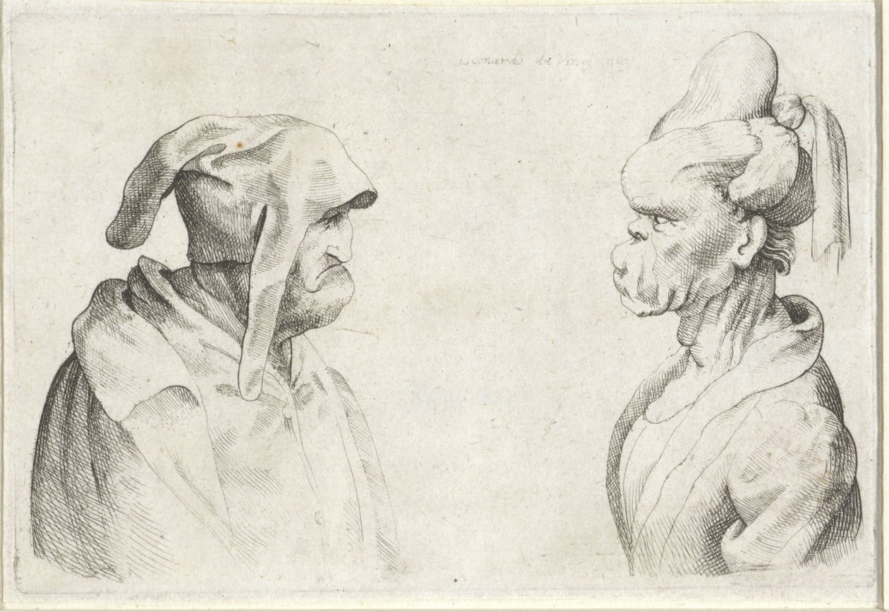 Deformerte hoder av en mann med en floppy hatt og en kvinne med bundet hår Varie figurae et probae (serietittel) Karikaturer, hoder og misdannelser etter Leonardo da Vinci (serietittel) av Wenceslaus Hollar (attributed to)