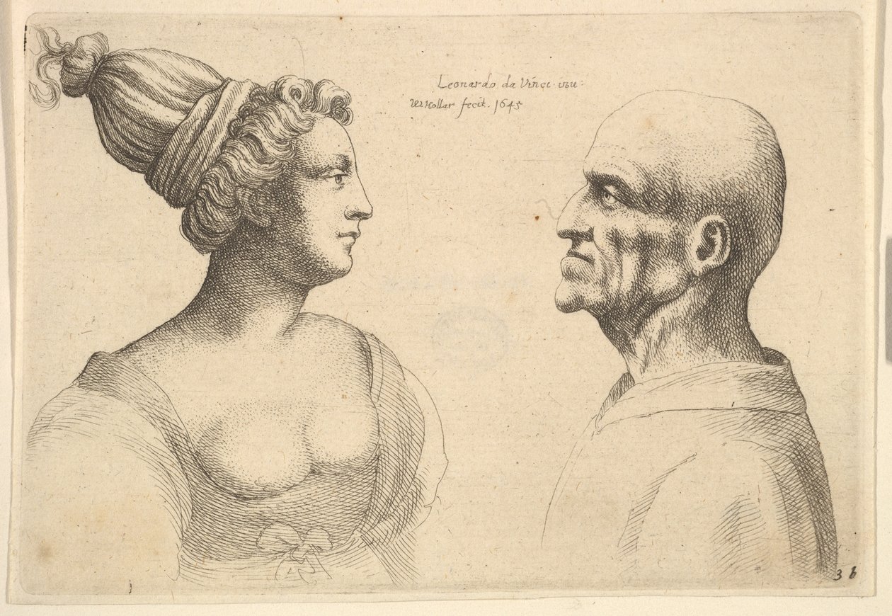 En kvinne med hår bundet tilbake og en skallet hann vendt mot hverandre, 1645. av Wenceslaus Hollar