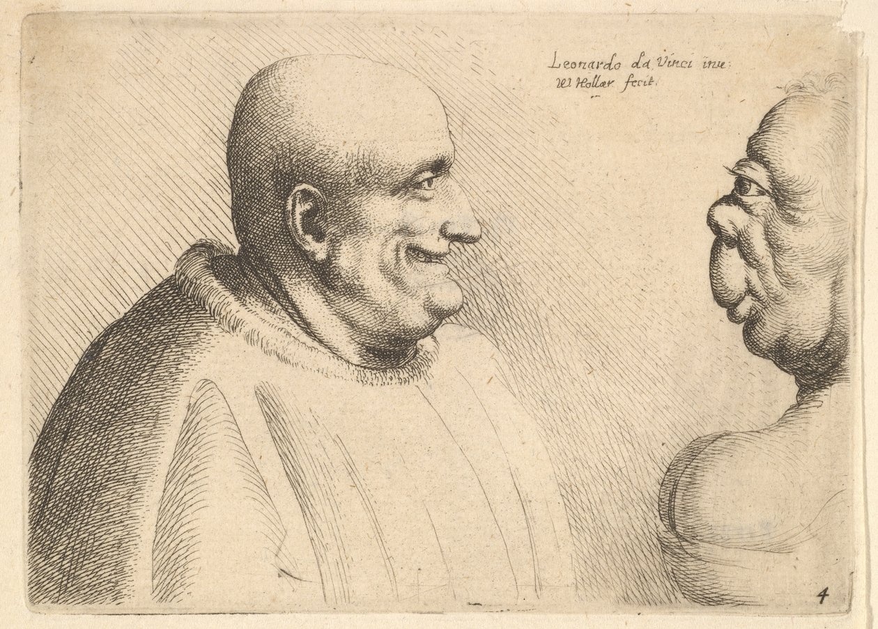 En stor mann med skallet hode vendt mot en grotesk kvinne, 1625-77. av Wenceslaus Hollar