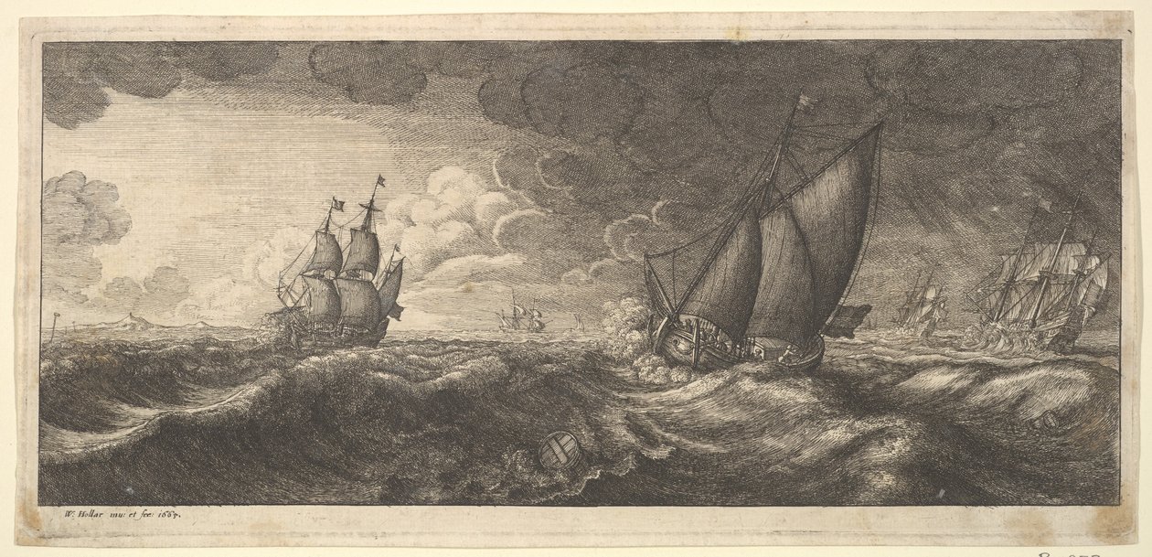 En yacht og tre krigsskip i en storm, 1665. av Wenceslaus Hollar