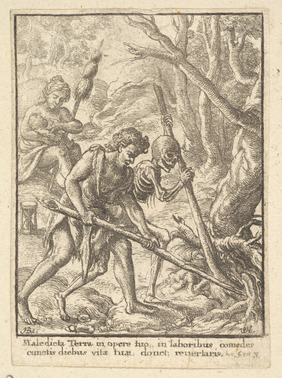 Adam Ploughing fra Dødsdansen, 1651. av Wenceslaus Hollar