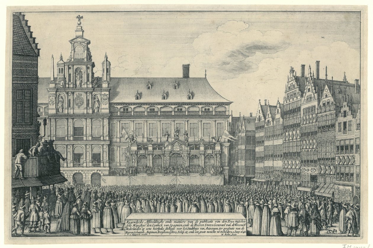 Proklamasjon av freden i Munster i Antwerpen, 1648 Eygentlycke skildrer måten den Peys ble publisert på, mellom syne Mayesteyt den Coninck van Spagnien, og Heeren Staten Generael van de Vereenich[de] Nederlanden på en Heerlyc av Wenceslaus Hollar