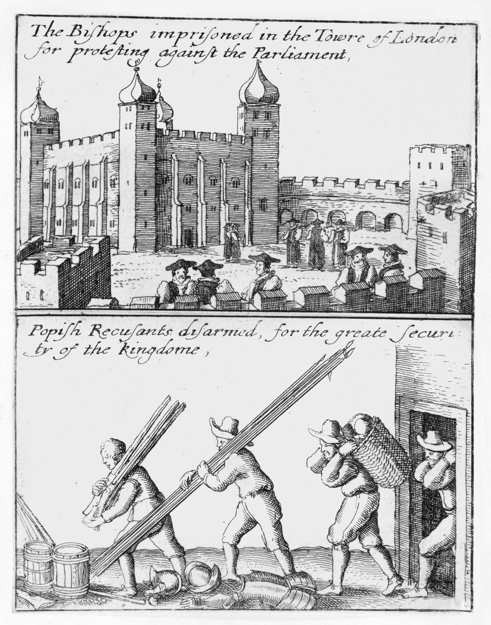 Biskoper fengslet i Tower of London; Popish recusants avvæpnet av Wenceslaus Hollar