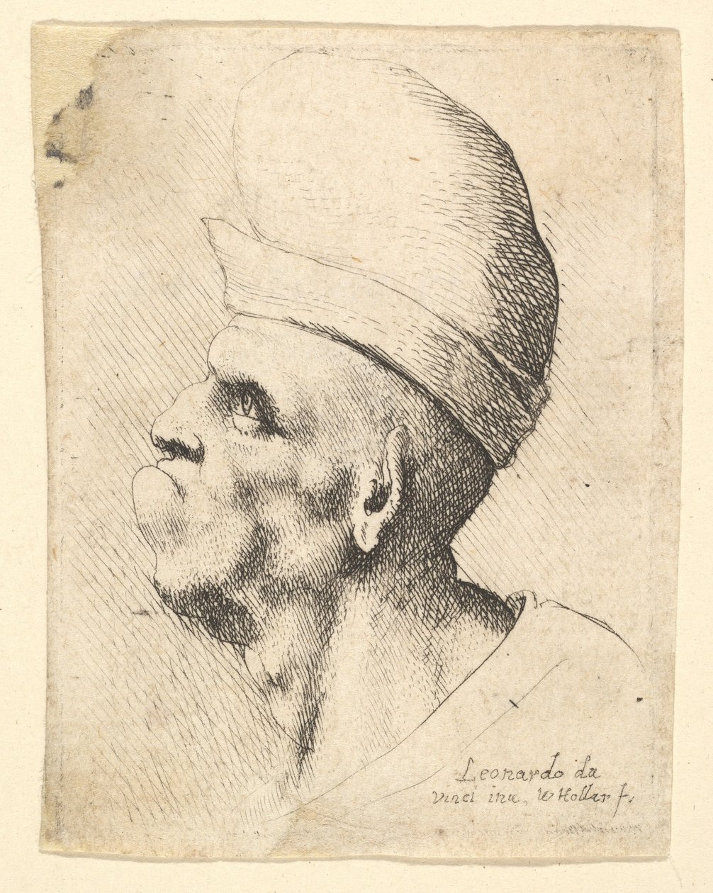 Byste av en deformert mann iført pærehatt i profil til venstre, 1625-77. av Wenceslaus Hollar