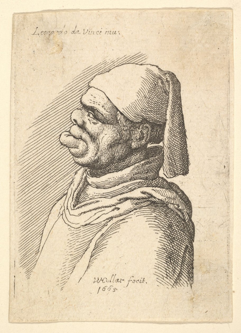Byste av en deformert mann med hatt og fett, utstående underleppe i profil til venstre, 1625-77. av Wenceslaus Hollar