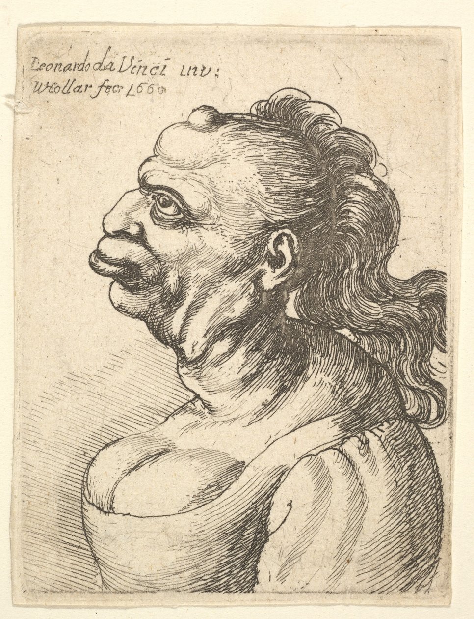 Byste av en kvinne iført lavt snittkjole, med utstående leppe, vekst i pannen, promi..., 1660. av Wenceslaus Hollar