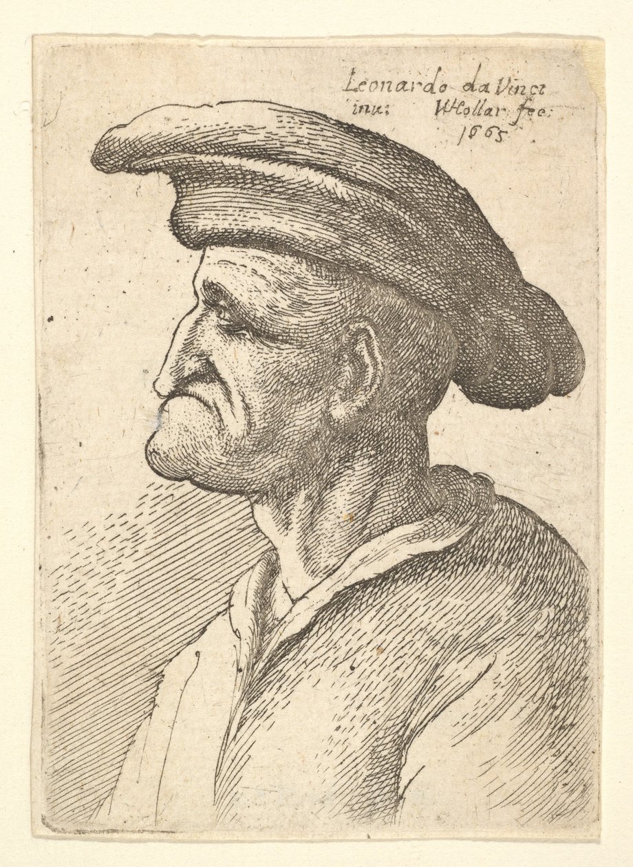 Byste av eldre mann med nese som møter underleppen, iført bred flat hette i profil t..., 1665. av Wenceslaus Hollar