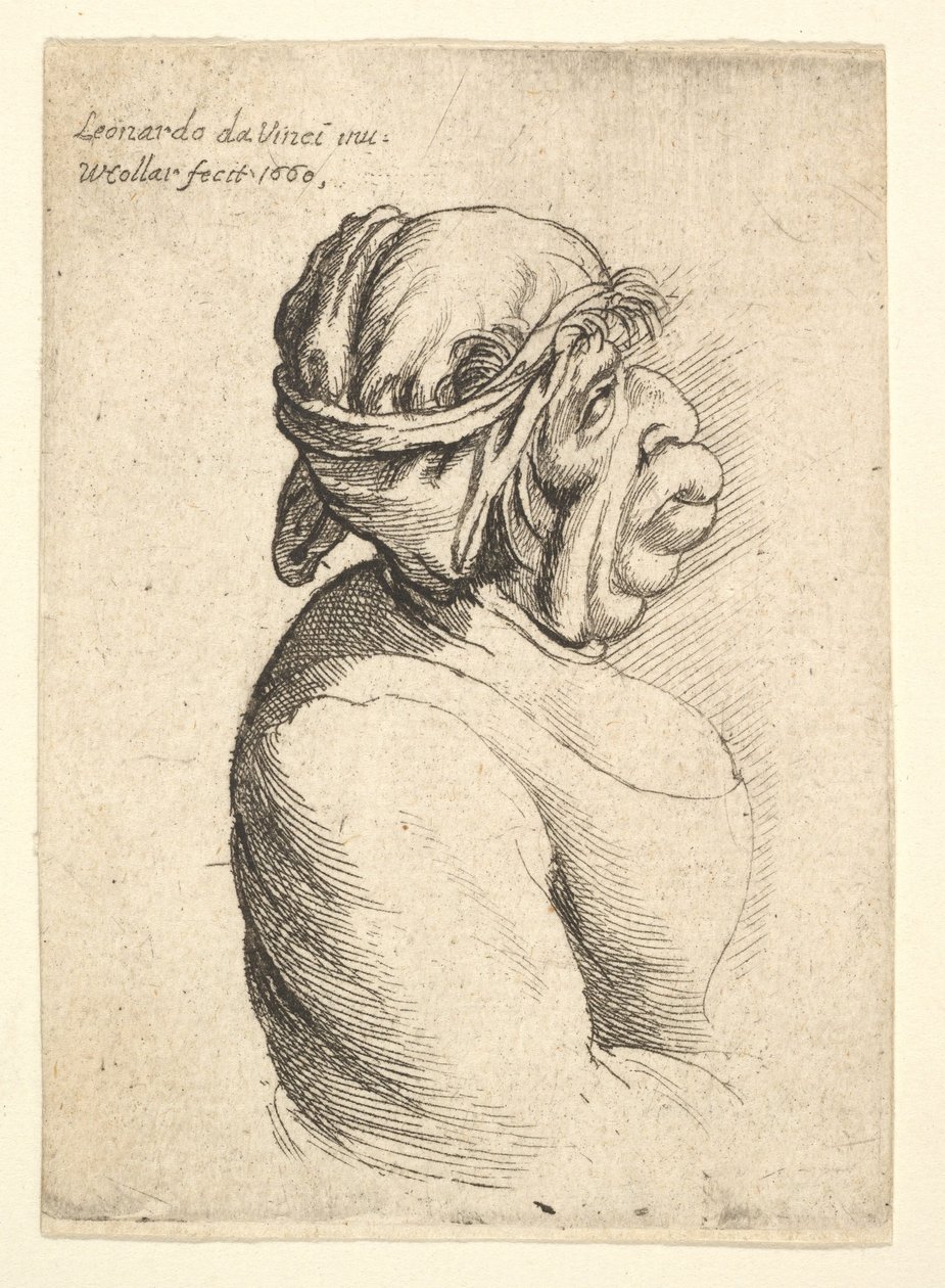Byste av en kvinne med utstående munn iført lavt snittkjole og tøy bundet rundt hodet..., 1660. av Wenceslaus Hollar