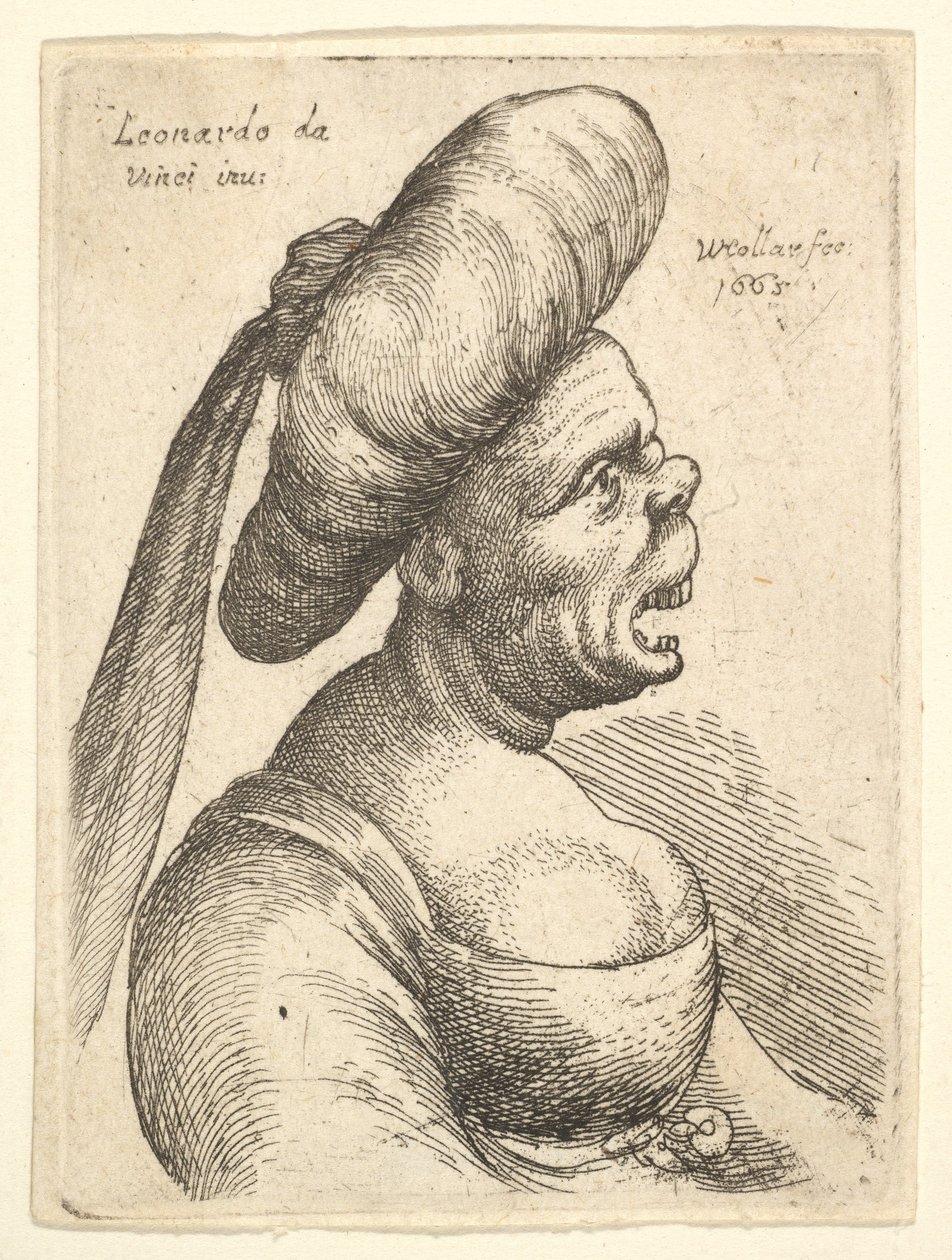 Byste av kvinne med vidåpen munn og oppvendt nese, iført stor flat turban med blodpropp..., 1665. av Wenceslaus Hollar