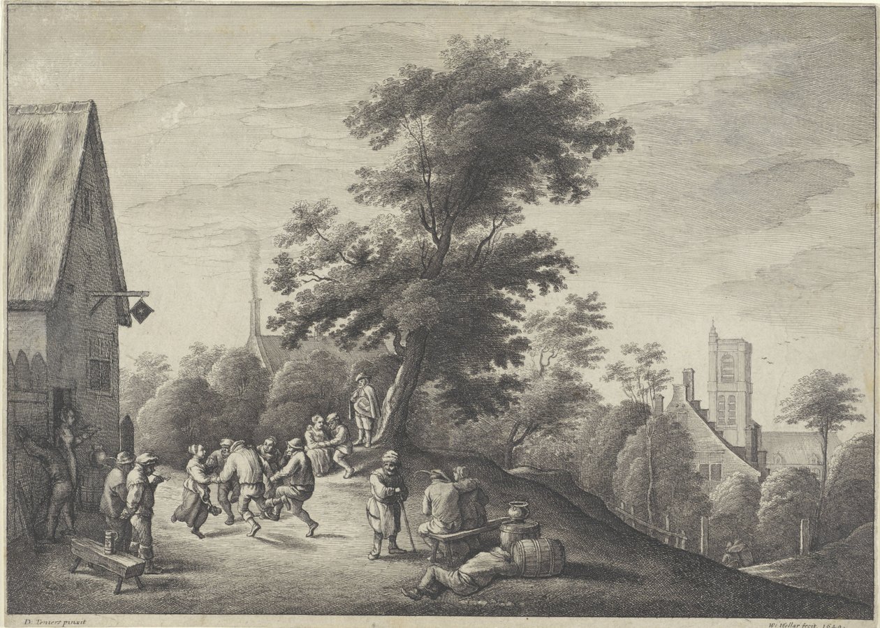 Dansende bønder foran et vertshus av Wenceslaus Hollar