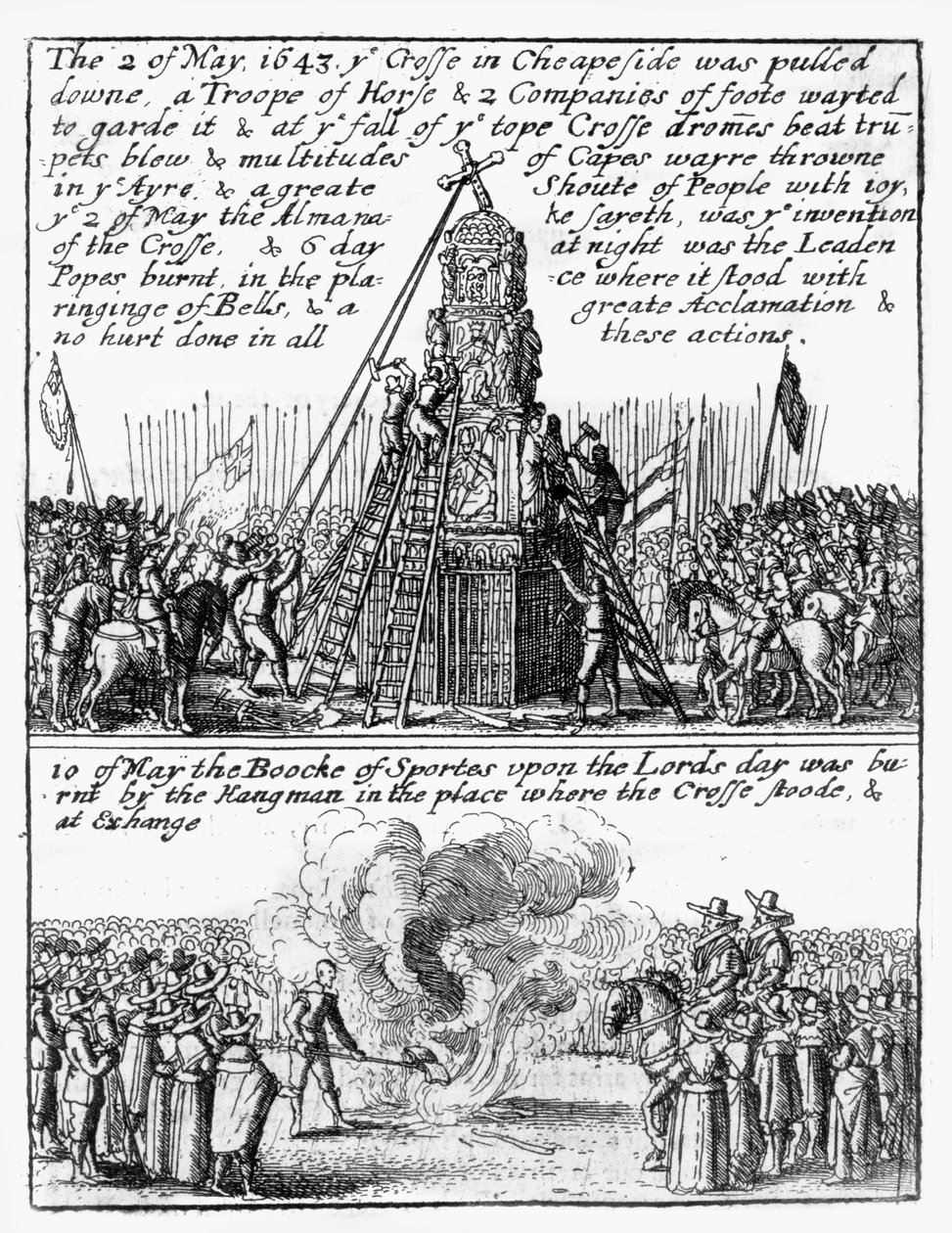 Ødeleggelse av Cheapside Cross; 'Sportens bok' brant på stedet av Wenceslaus Hollar