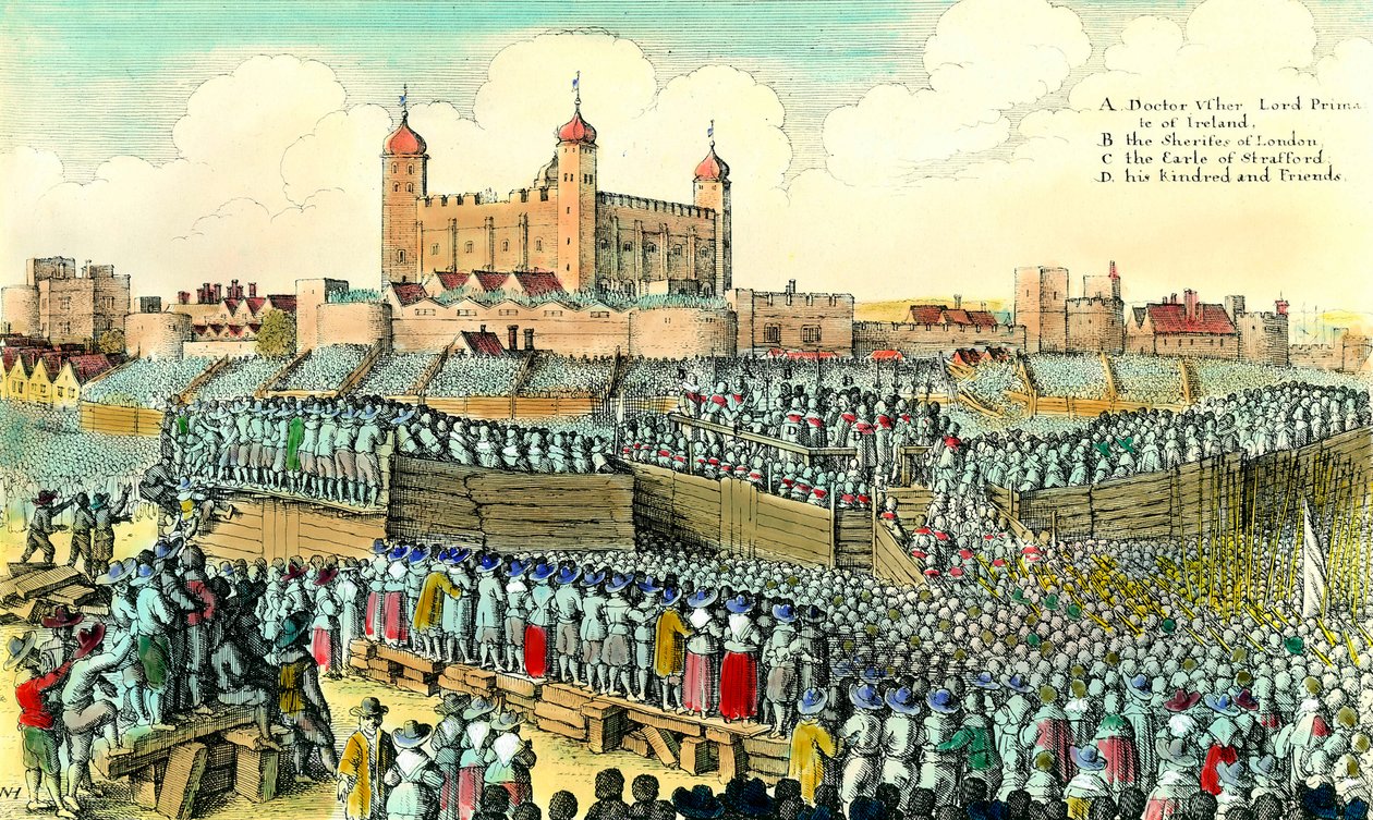 Første engelske revolusjon (1641-1649): henrettelse av den engelske politikeren Thomas Wentworth de Strafford (1593-1641) 12.05.1641 ved Tower Hill i London. Gravering av Wenceslaus Hollar (1607-1677) privatsamling fra 1600-tallet av Wenceslaus Hollar