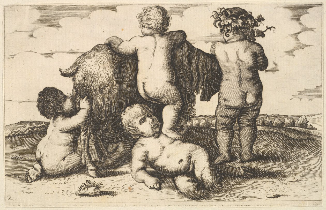 Fire gutter, en ung satyr og en geitkopi, 1600-tallet. av Wenceslaus Hollar