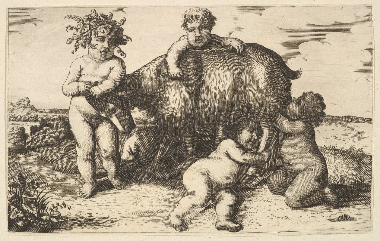 Fire gutter, en ung satyr og en geitekopi omvendt, 1600-tallet. av Wenceslaus Hollar