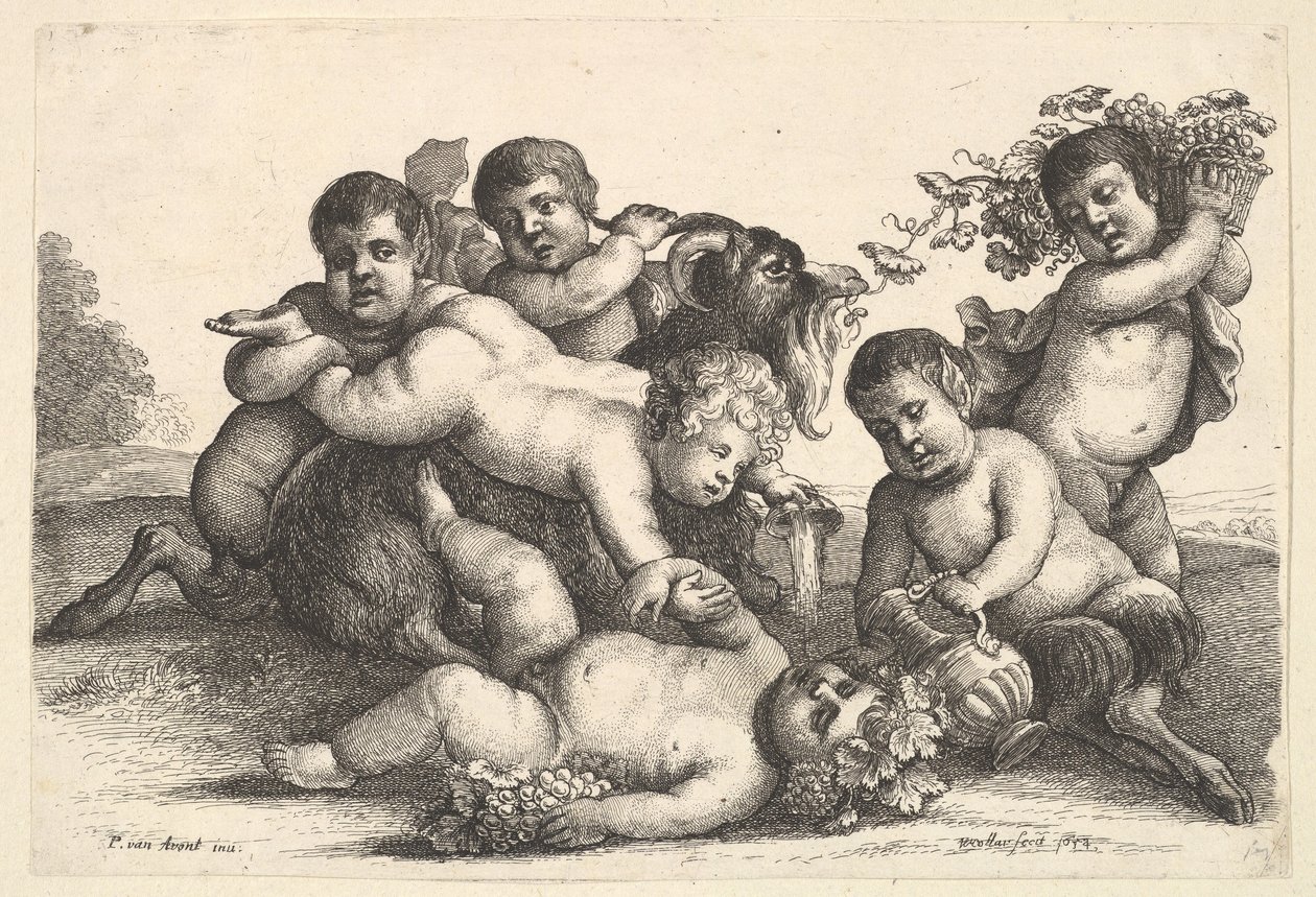 Fire gutter, to satyrer og en geit, 1654. av Wenceslaus Hollar