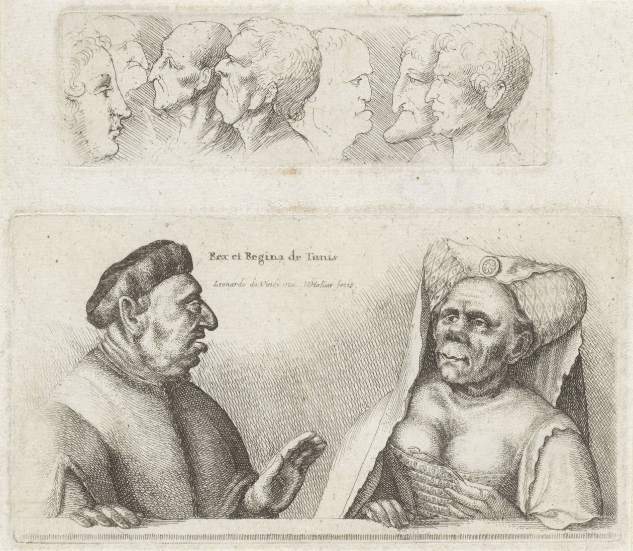Frisisk med studiehoder / karikaturer av kongen og dronningen av Tunisia Rex et Regina de Tunis (tittel på objekt) Varie figurae et probae (serietittel) Karikaturer, hoder og misdannelser etter Leonardo da Vinci (serietittel) av Wenceslaus Hollar