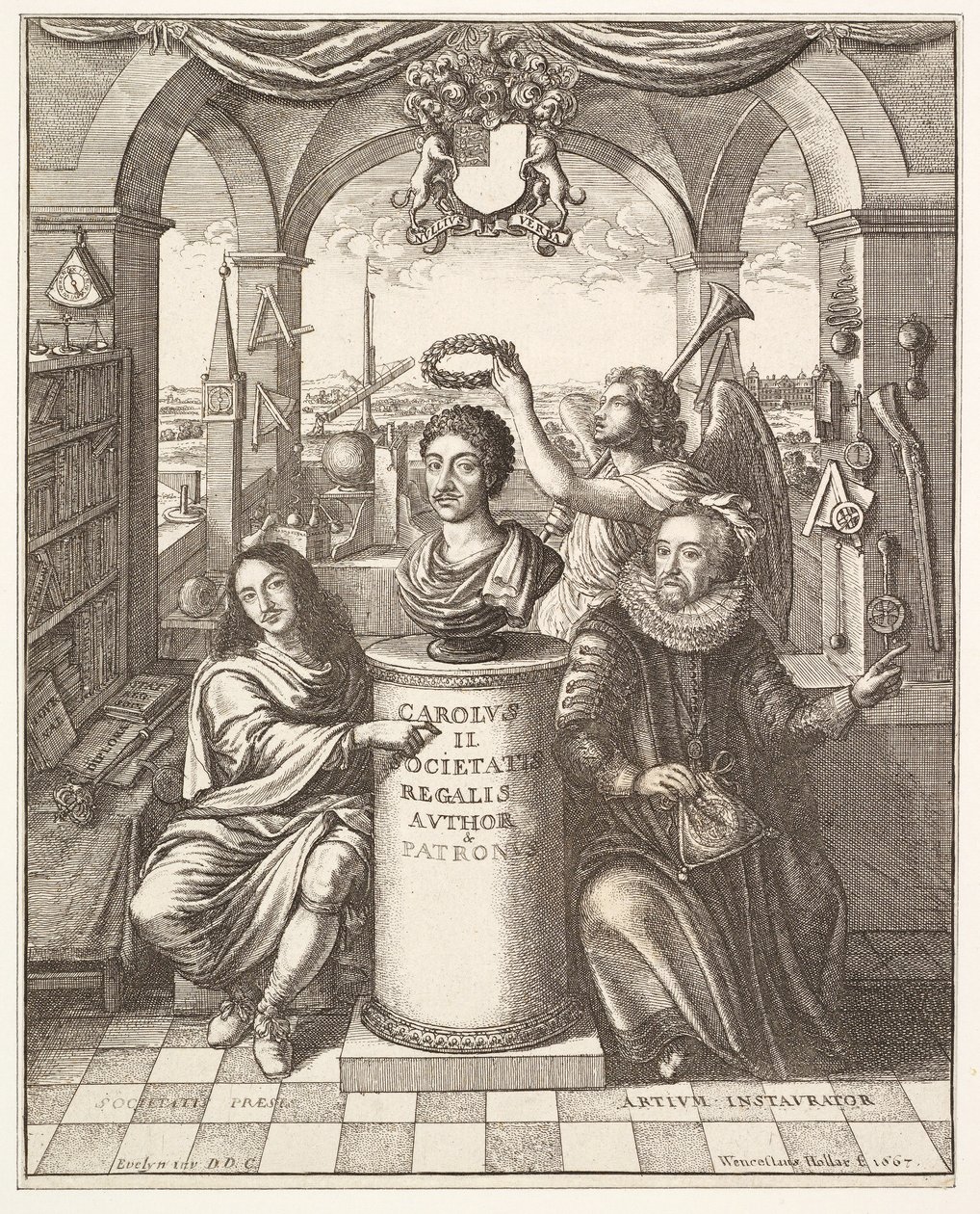 Frontispice av The History of the Royal Society of London av Thomas Spratt, pub. 1702 av Wenceslaus Hollar