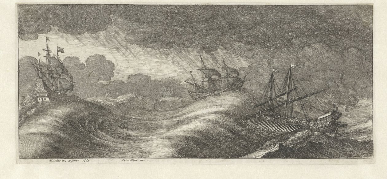 Bysse og andre skip i en havstorm Sea storms (serietittel) av Wenceslaus Hollar