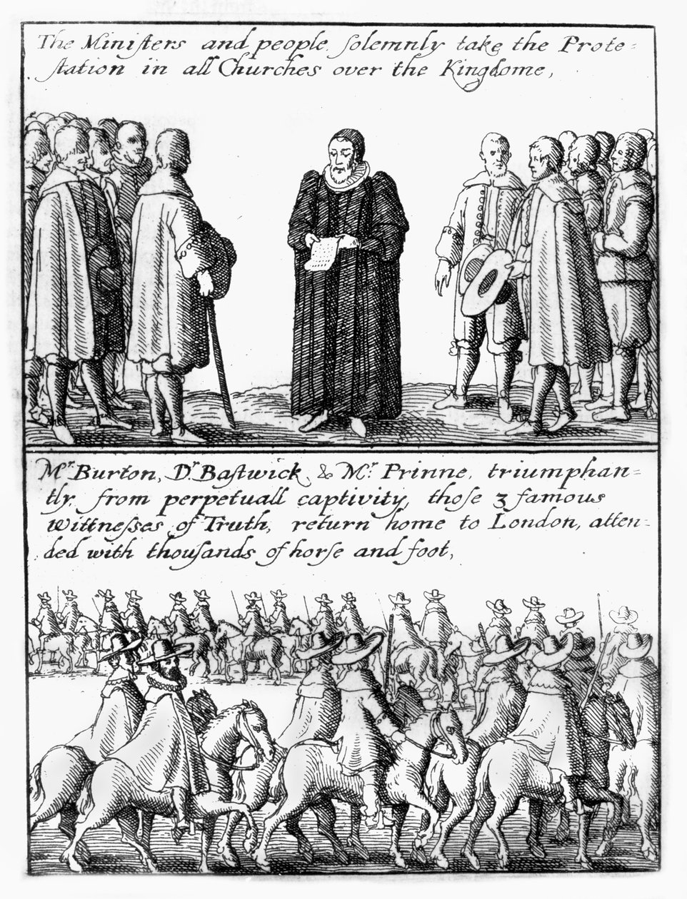 Herrer som avlegger 'Et cetera-ed'; hesteprosesjon som ledsager de frigitte brosjyrene til London av Wenceslaus Hollar