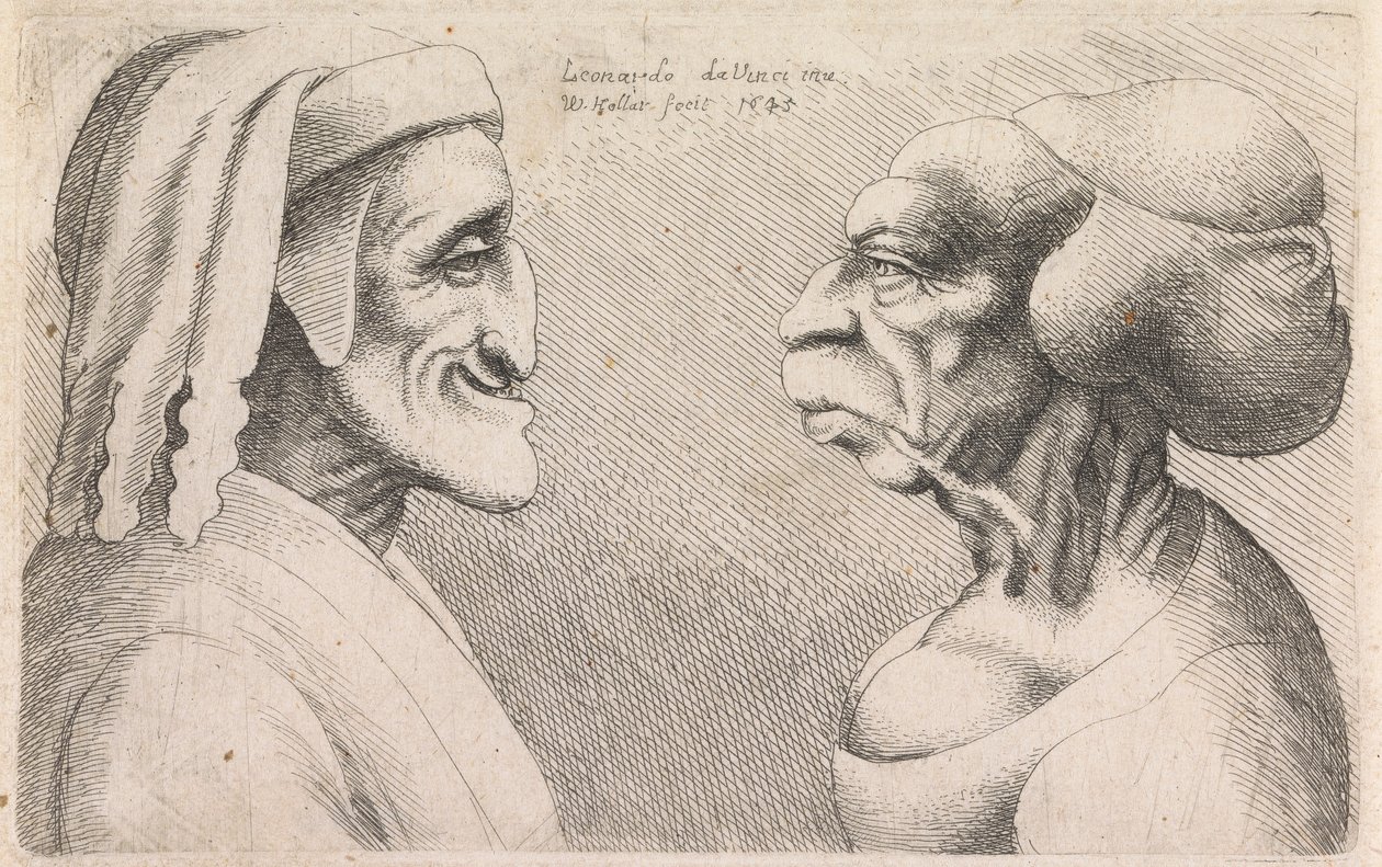 Groteske profiler av en mann og kvinne som står overfor hverandre av Wenceslaus Hollar