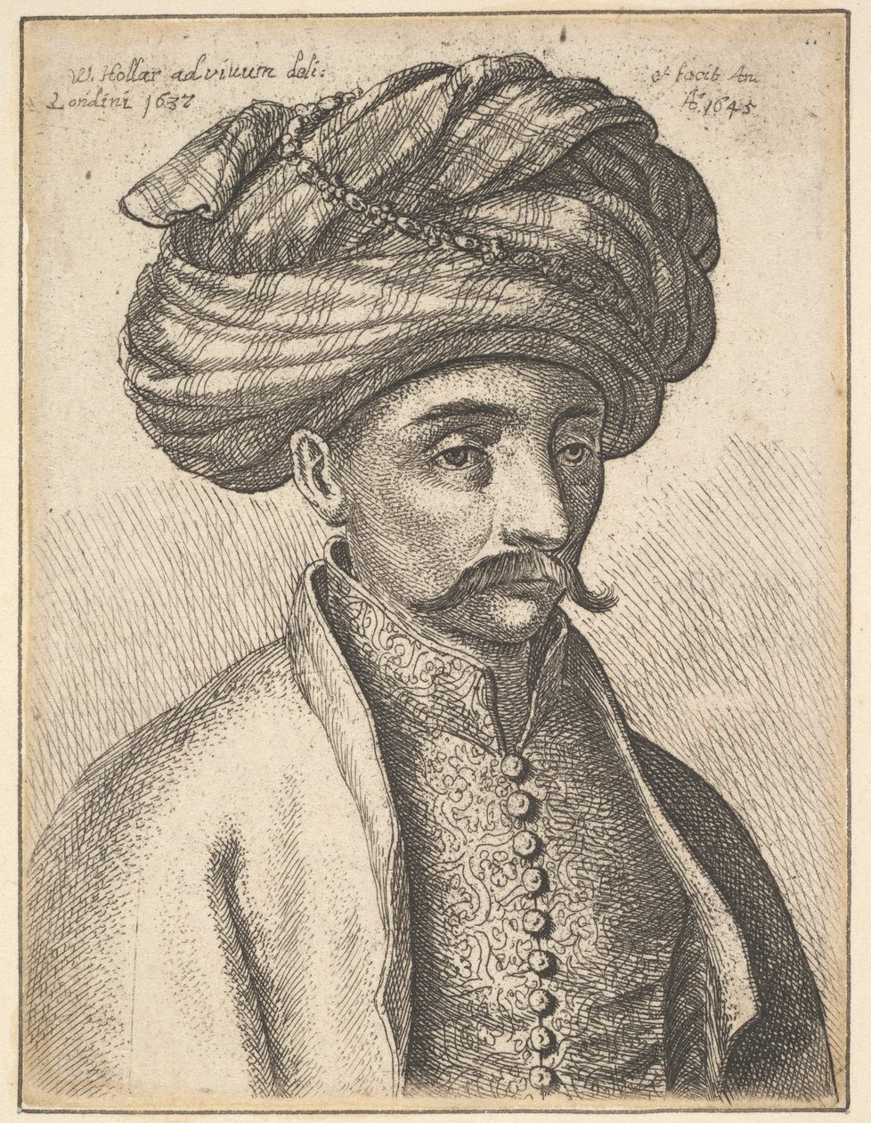 Hode og skuldre av en tyrkisk mann med bart og stor turban av Wenceslaus Hollar