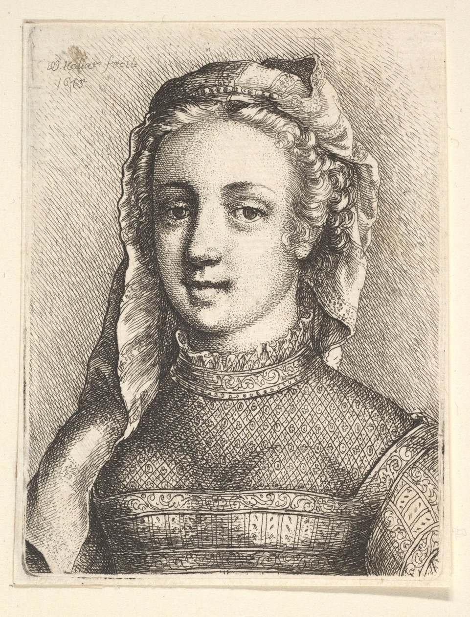 Hode og skuldre til en kvinne med slør og utslitt hals, 1645. av Wenceslaus Hollar