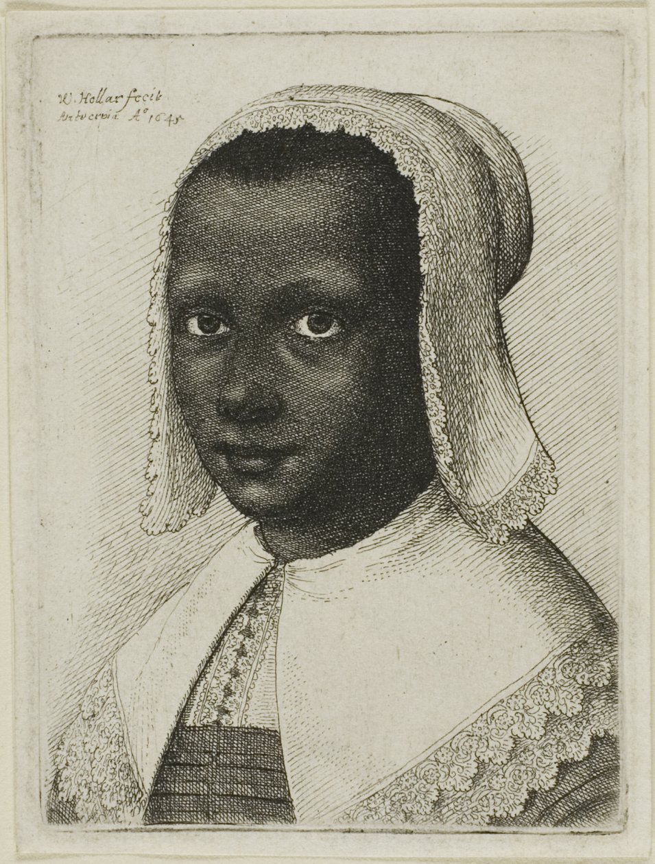 Hodet til en svart kvinne med en blondetørklehatt av Wenceslaus Hollar