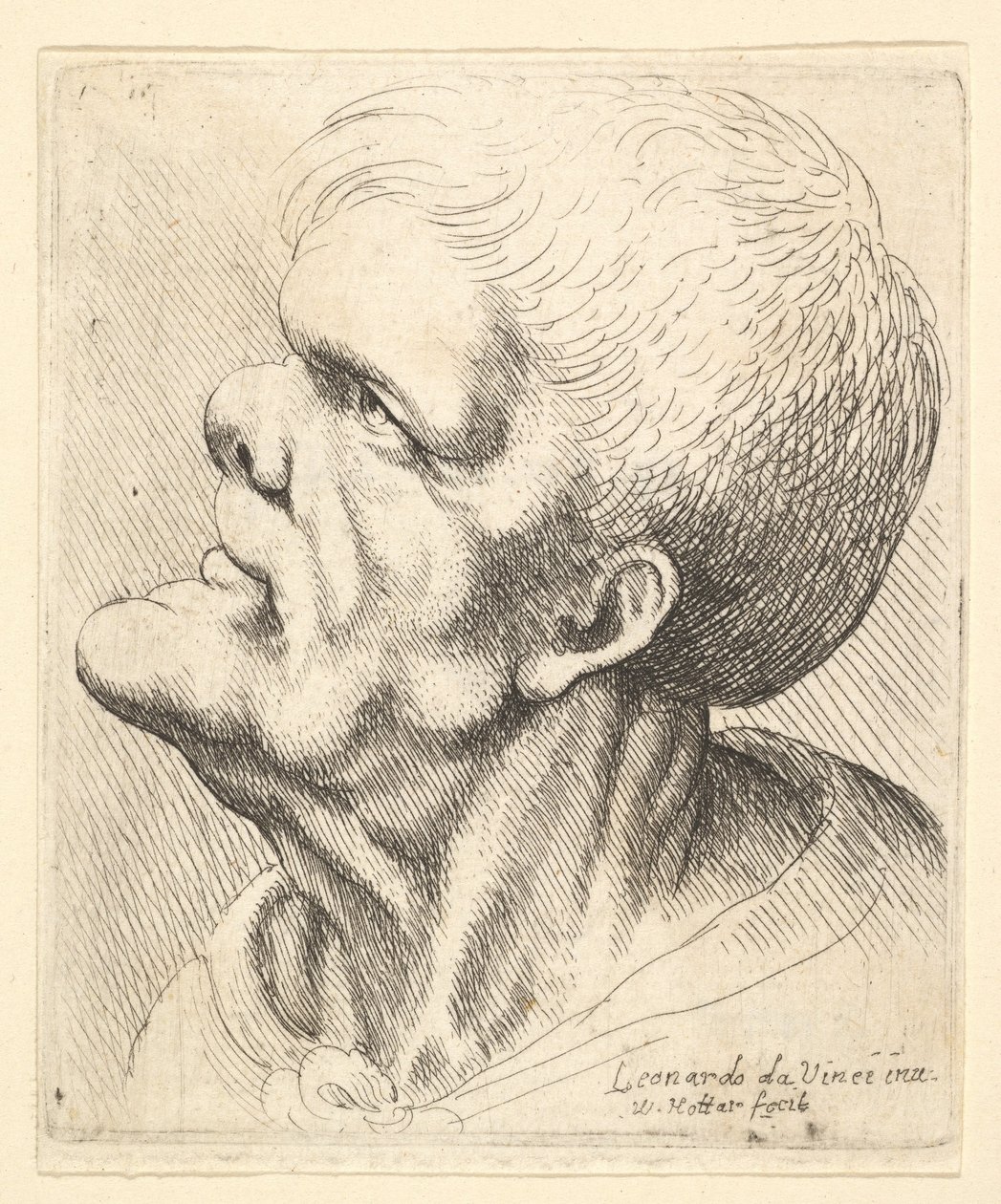 Hodet til en mann med utstående hake og snudd nese ser oppover i profil til venstre, 1625-77. av Wenceslaus Hollar