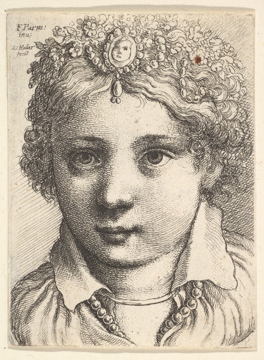 Hodet til en ung jente som har på seg en hodeplagg med juvel, ca. 1645. av Wenceslaus Hollar