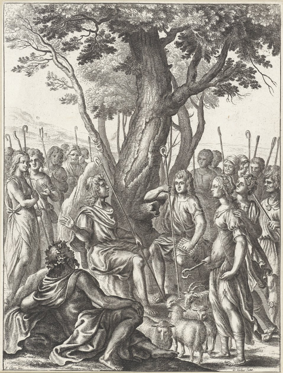 Shepherd Meliboeus dømmer spillet til gjeterne Corydon og Thyrsis Verker til Virgil (serietittel) av Wenceslaus Hollar