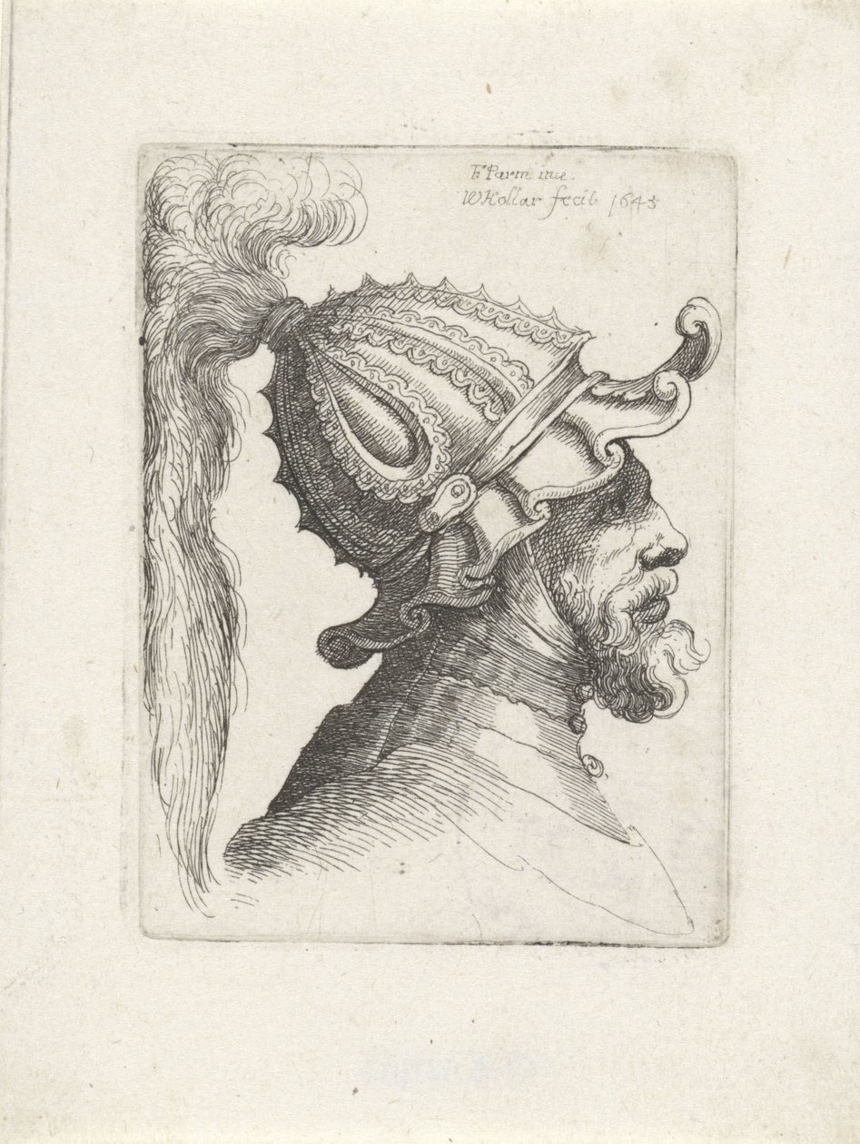 Hodet til en mann med hjelm Hoder med hjelmer til Parmigianino (serietittel) av Wenceslaus Hollar