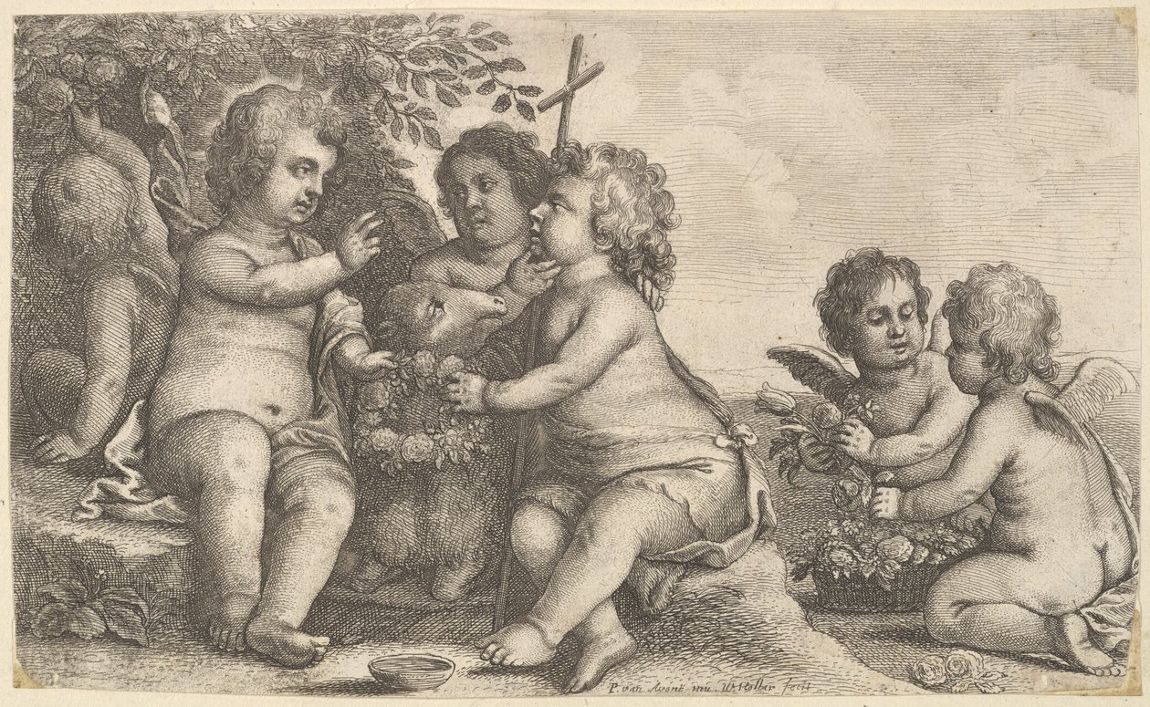 Jesus, døperen Johannes og fire kjeruber, 1625-77. av Wenceslaus Hollar