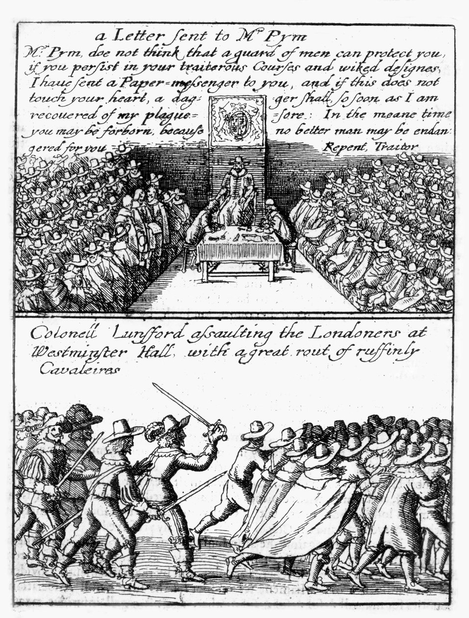 John Pym leser opp et brev i Underhuset; Oberst Thomas Lunsford og soldatene hans angriper londonere av Wenceslaus Hollar