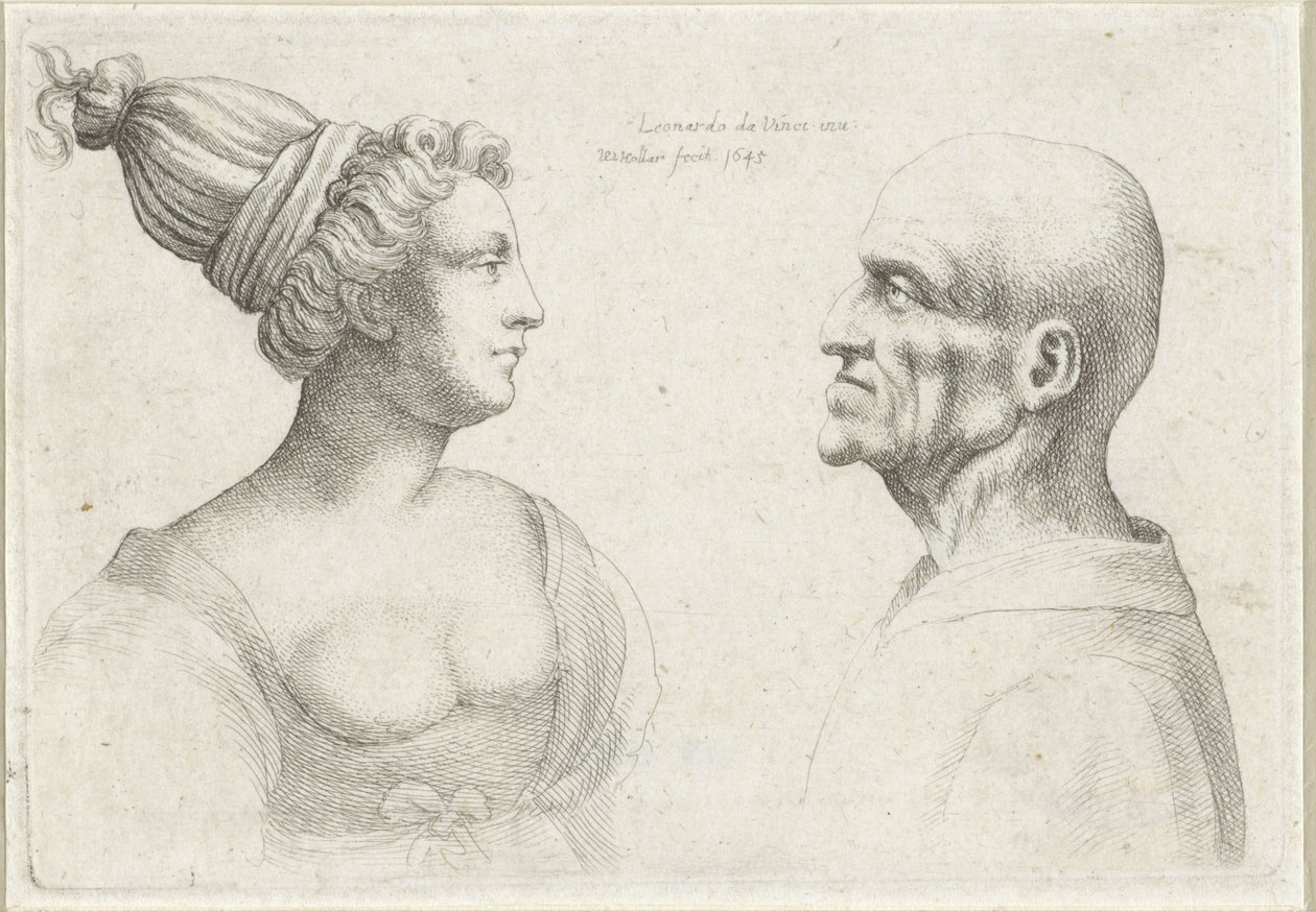 Hoder til en skallet mann og kvinne med turban Varie figurae et probae (serietittel) Karikaturer, hoder og misdannelser etter Leonardo da Vinci (serietittel) av Wenceslaus Hollar