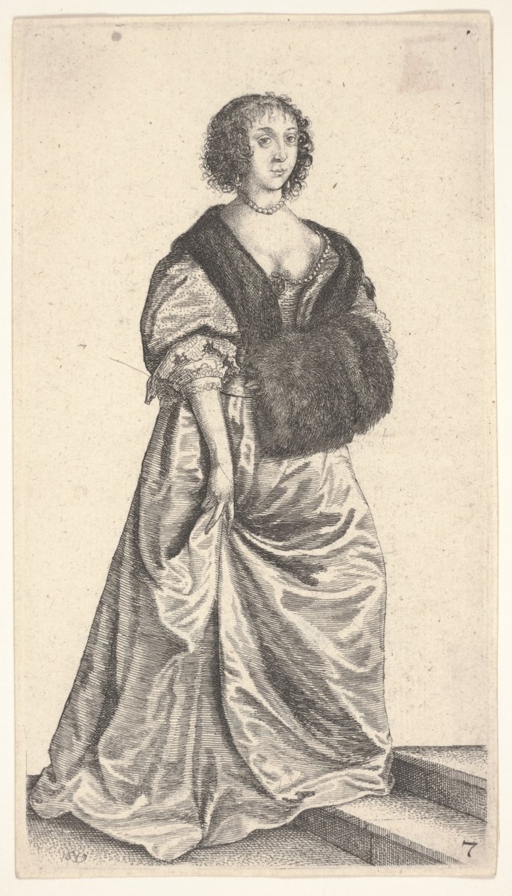 Dame med pelsmuff stående på to trinn av Wenceslaus Hollar