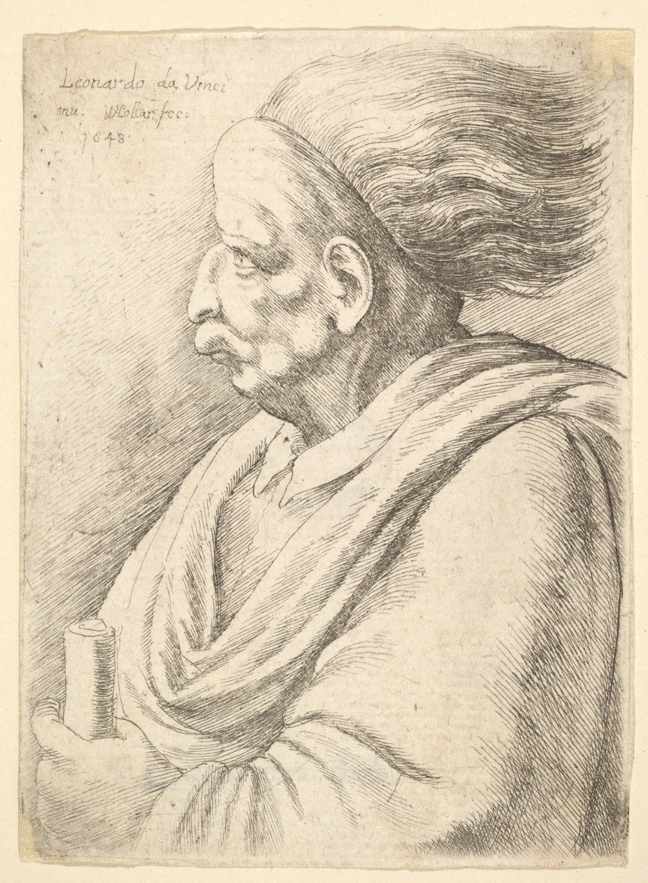 Mann med karikerte trekk og hår som strømmer bak, i halv lengde til venstre, 1648. av Wenceslaus Hollar