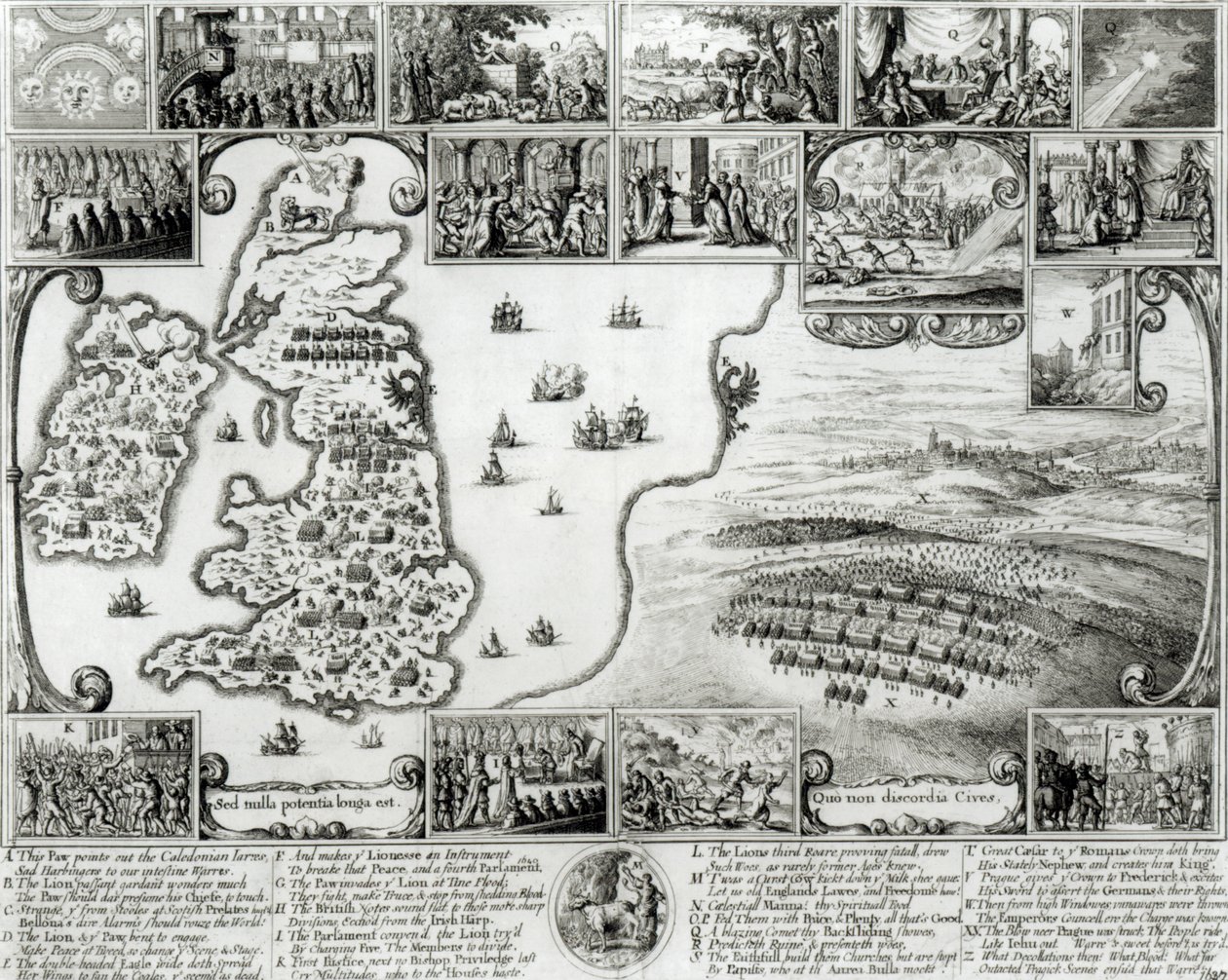 Kart over borgerkrigen England og utsikt over Praha, 1632 av Wenceslaus Hollar
