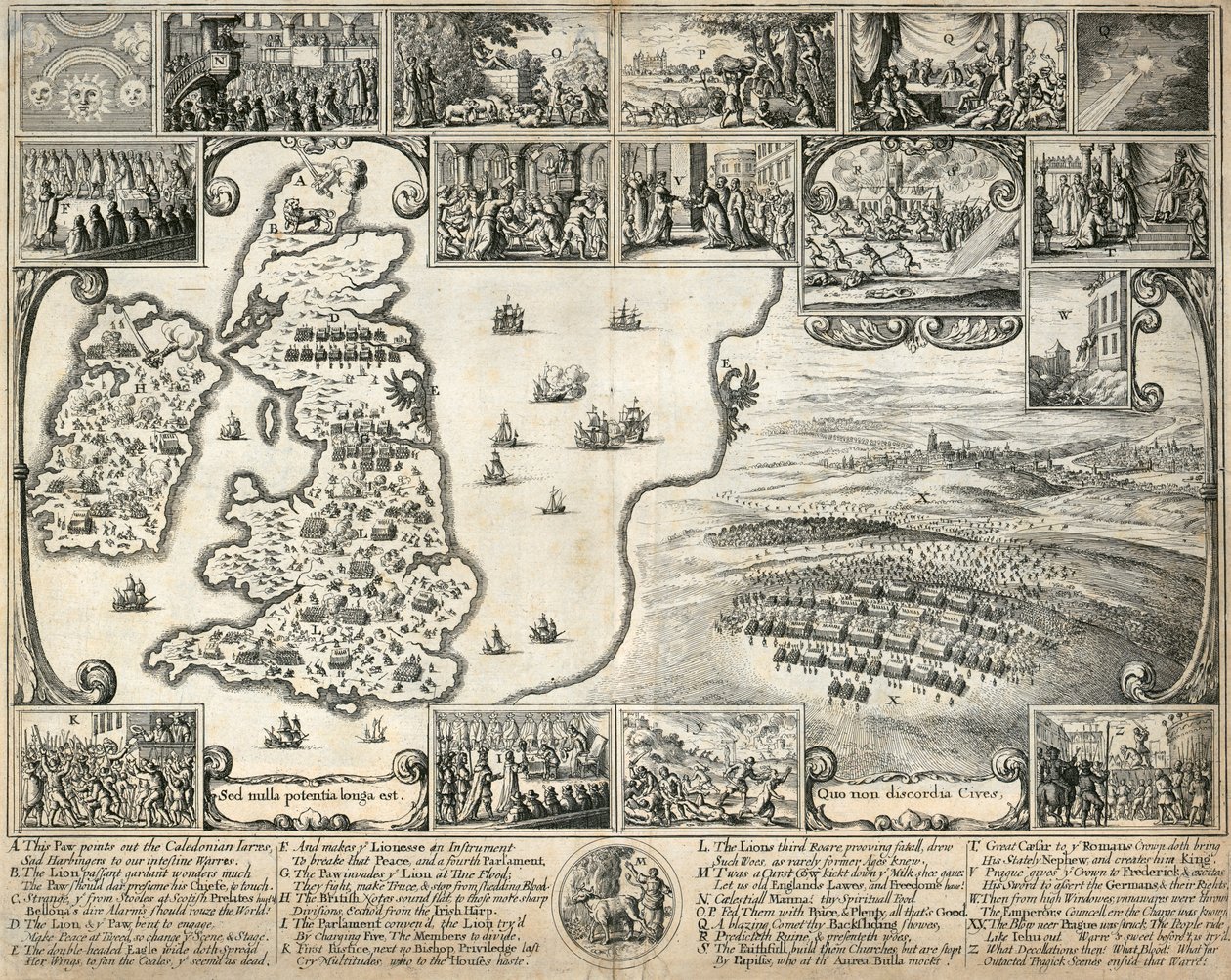 Kart over De britiske øyer og illustrasjoner av historiske begivenheter fra 1600-tallet, c1659 av Wenceslaus Hollar